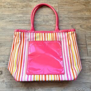 Liz Claiborne Striped Canvas Tote Bag Pink Orange Yellow Patent Trim Y2K Summer